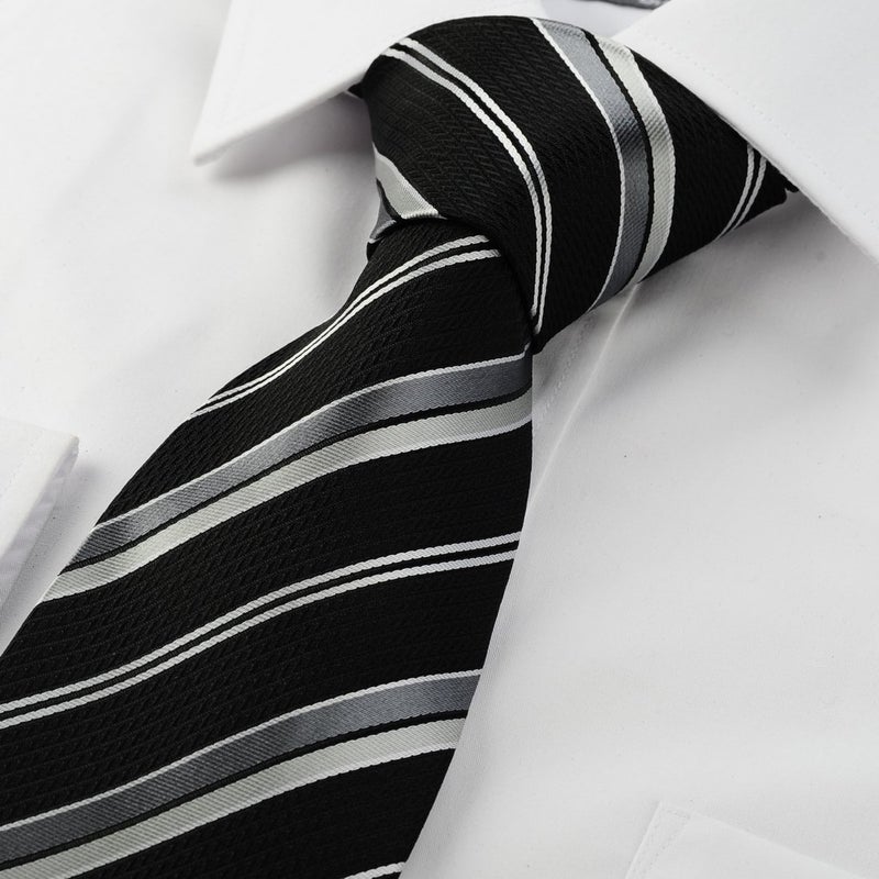 KissTies Mens Striped Necktie Black Gray Tie In Gift Box - Image 3